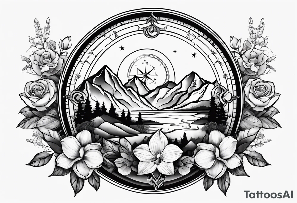 Compass with mountains and moons and flowers like roses or orchids tattoo idea