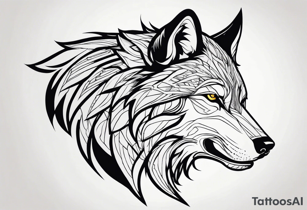 a head of savage wolf with a sword in its mouth facing left tattoo idea