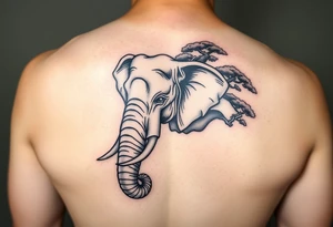 Head of an elephant with bonsai tree behind it Japanese style realistic tattoo idea