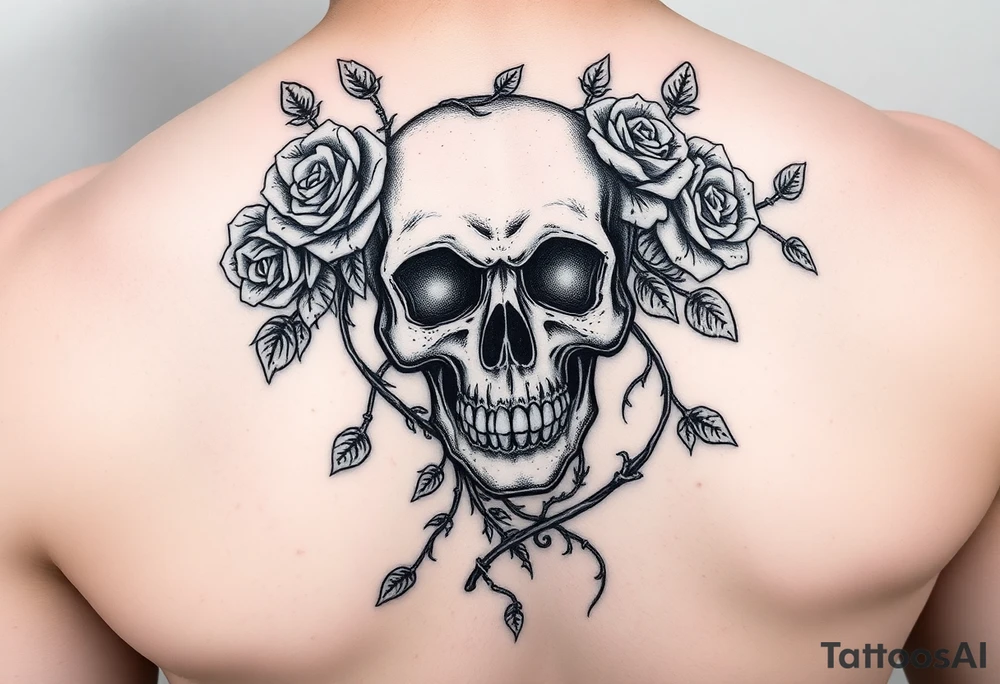 gothic skull intertwined with climbing roses and thorny vines tattoo idea
