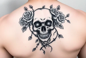 gothic skull intertwined with climbing roses and thorny vines tattoo idea