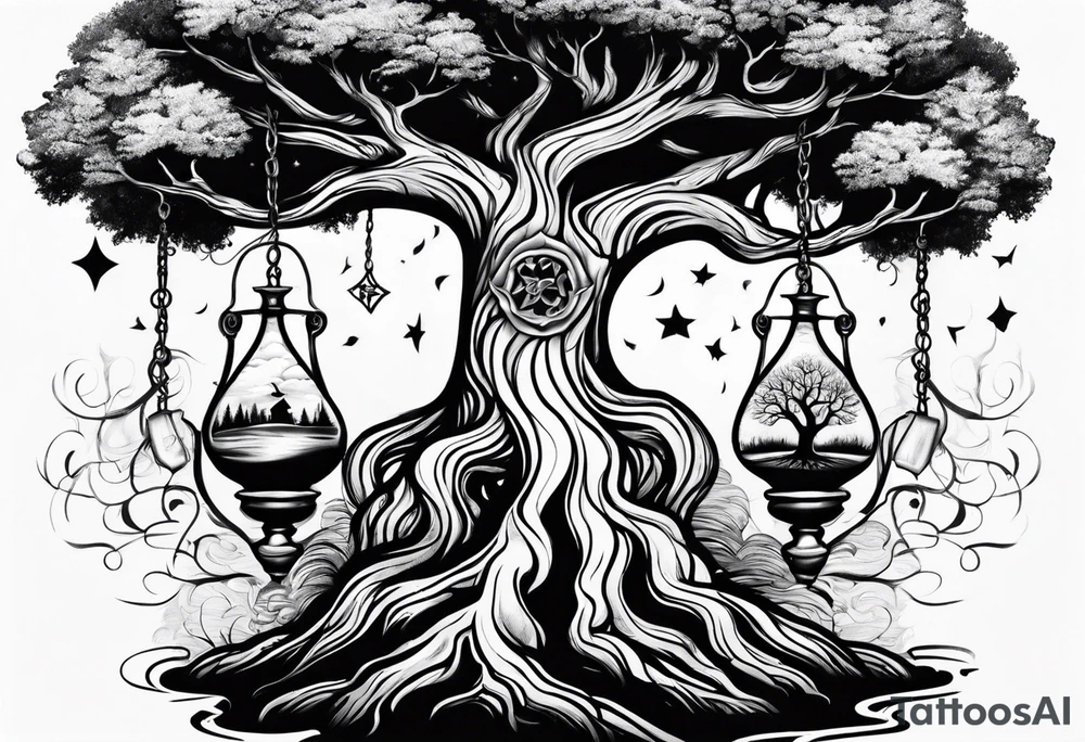 tattoo drawing of a tree with the roots coming out of a hour glass tattoo idea