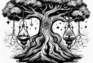 tattoo drawing of a tree with the roots coming out of a hour glass tattoo idea