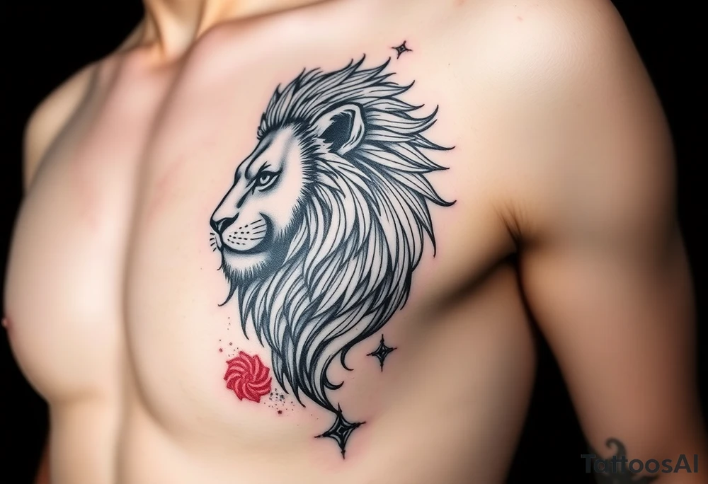 woman that transforms into lionness with amazigh symbols, from right rib to right thigh tattoo idea