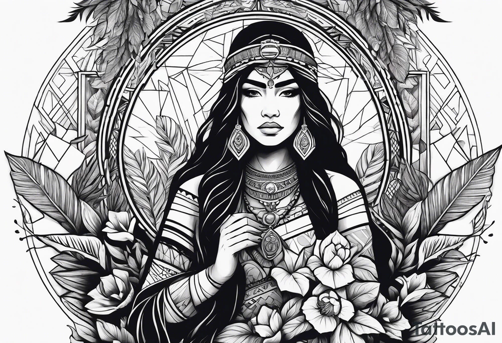 War indigenous woman holding a cross with plants and nature behind her, half sleeve tattoo idea