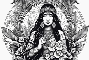 War indigenous woman holding a cross with plants and nature behind her, half sleeve tattoo idea