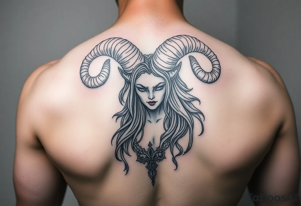Powerful goddess being, with long ram like horns tattoo idea
