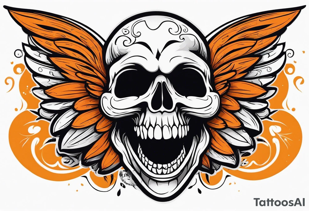 Angel skull laughing black and orange tattoo idea