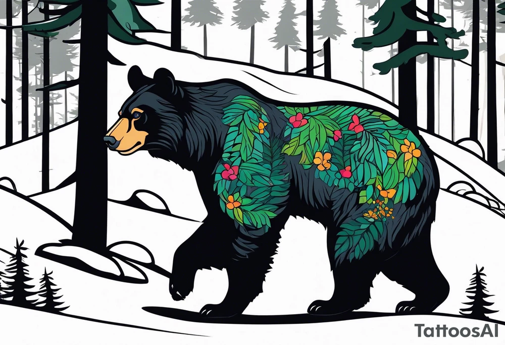 Pine forest black bear puma tattoo idea