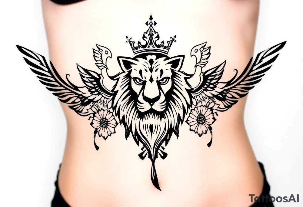 powerful majestic lion with a crown, surrounded by floral ornaments and birds tattoo idea