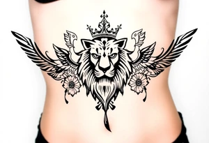 powerful majestic lion with a crown, surrounded by floral ornaments and birds tattoo idea
