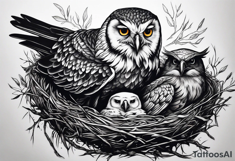 Owl, raven, eagle cuddled in a nest, looking down into the nest tattoo idea