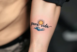 Minimalist “Pura Vida” in fine-line black, accompanied by a tiny golden sun and soft blue ocean wave. tattoo idea