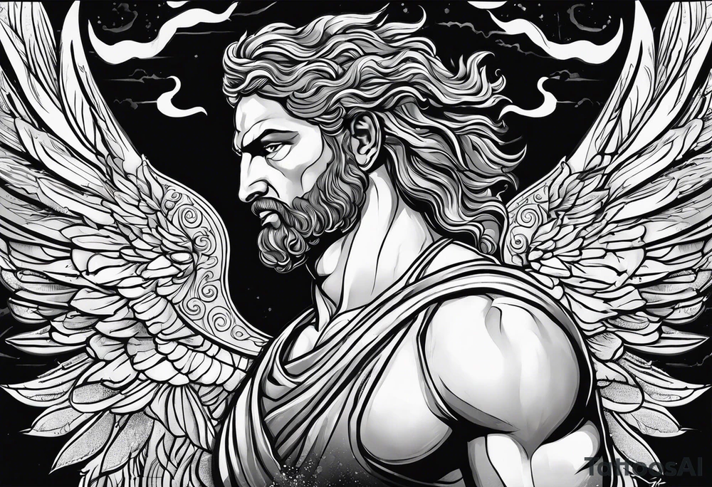 the greek god melitus embodying masculinity with a background of storms tattoo idea