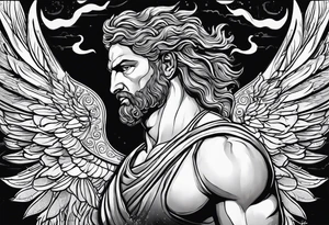 the greek god melitus embodying masculinity with a background of storms tattoo idea