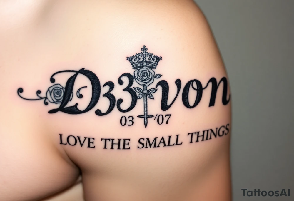 Name D3von with a crown and rose and cross and 03/27/07 and it says under all LOVE THE SMALL THINGS tattoo idea
