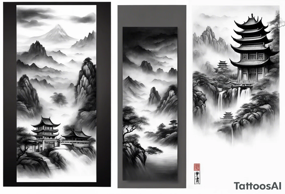 forearm sleeve traditional chinese art painting style mountains mist fog waterfall Chinese temple two figures wearing robes tattoo idea