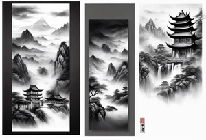 forearm sleeve traditional chinese art painting style mountains mist fog waterfall Chinese temple two figures wearing robes tattoo idea