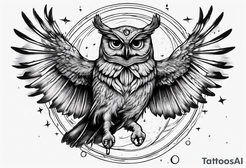 Wise Crowned Owl with the third eye flying towards the Dark Moon. tattoo idea