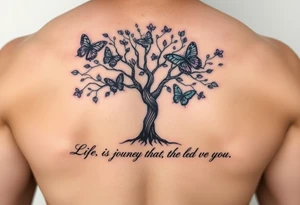 realistic tree of life with purple,, turquoise, and gray  beautiful butterflies and the words" Life is a journey that you should live and learn from. tattoo idea