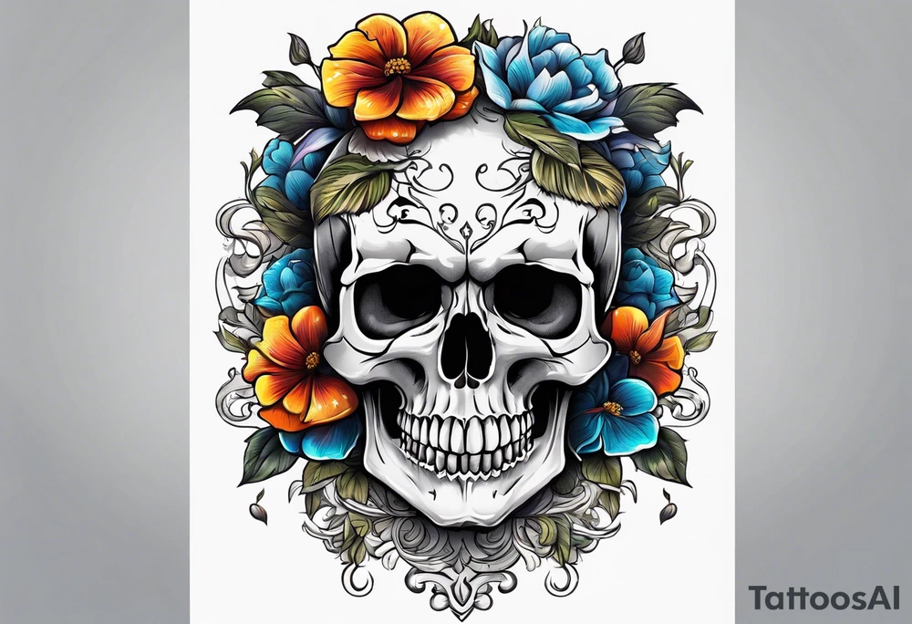 skull with flowers growing on top of its head tattoo idea