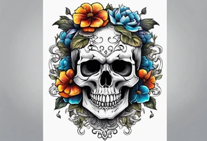 skull with flowers growing on top of its head tattoo idea