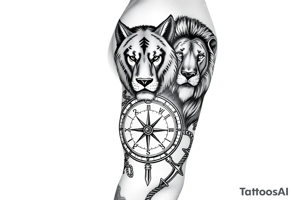 stacked wolf, bear, lion, faces; surrounded by a broken old school compass with a rope and anchor on the bottom tattoo idea