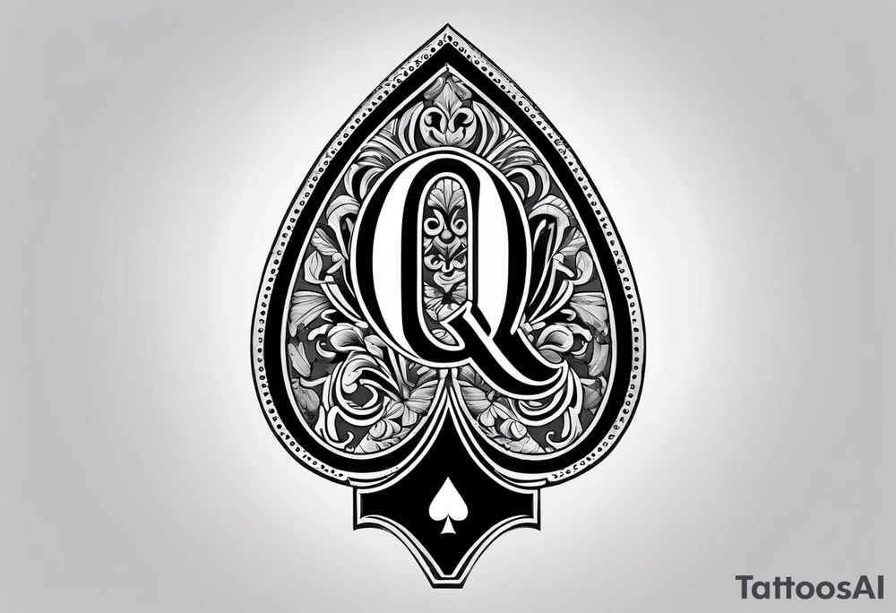 This image shows a spade symbol (similar to the spades in a deck of playing cards), with a white uppercase letter "Q" in the center. tattoo idea