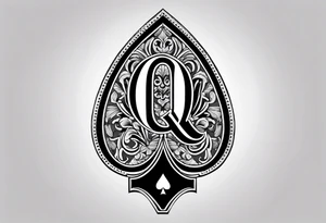 This image shows a spade symbol (similar to the spades in a deck of playing cards), with a white uppercase letter "Q" in the center. tattoo idea