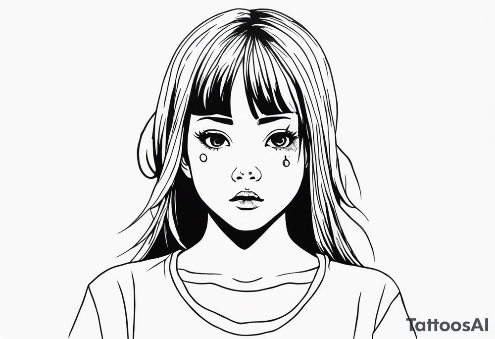 portrait of tomie standing up a character by the horror manga author junji ito full body standing murderously. add more horror and gore elements tattoo idea
