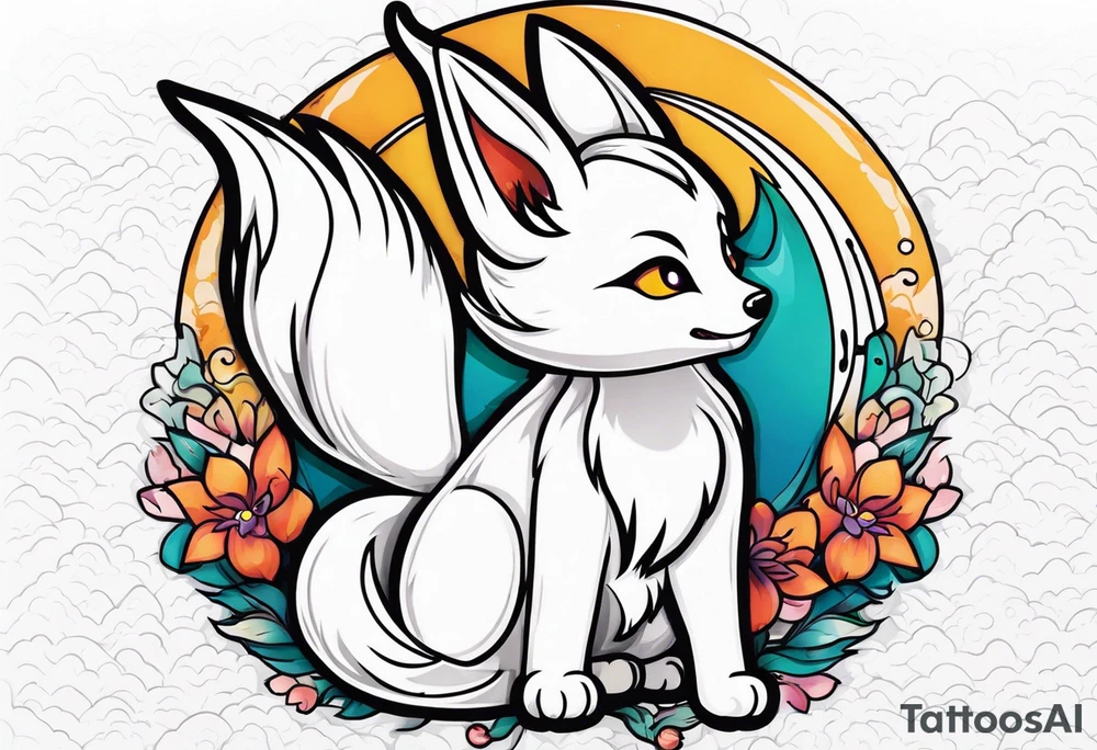 Cute white mini kitsune with three tails tattoo idea