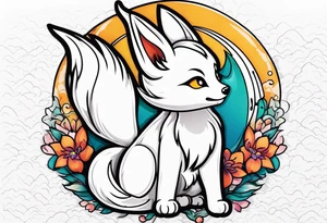 Cute white mini kitsune with three tails tattoo idea