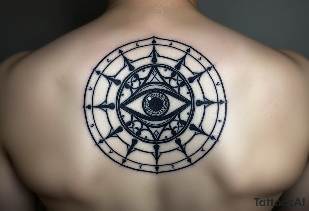 A abundance and protection symbol with an evil eye protection symbol (not an eye) in full color in the center of it.  I’d like it windy very small “so mote it be” with a magic wand tattoo idea