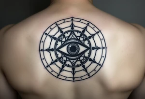 A abundance and protection symbol with an evil eye protection symbol (not an eye) in full color in the center of it.  I’d like it windy very small “so mote it be” with a magic wand tattoo idea
