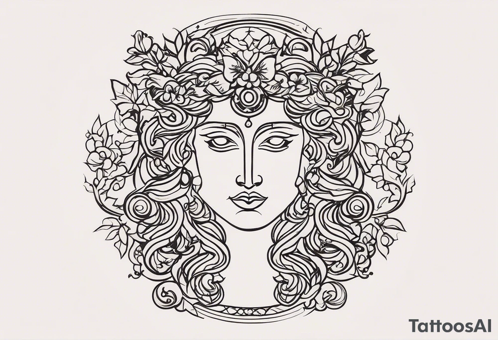 "Design a tattoo featuring the Greek gods Dionysus and Clio, incorporating elements that represent their respective domains and personalities. Consider incorporating symbols of wine, revelry, and artistic inspiration for Dionysus, and symbols of history, literature, and scholarly pursuits for Clio. The design should harmoniously blend these elements while capturing the essence of both deities." tattoo idea
