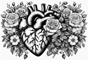 Cracking Anatomical heart with roses, violets, and daises coming out of the top of the heart with roots coming through the cracks to hold the heart together tattoo idea