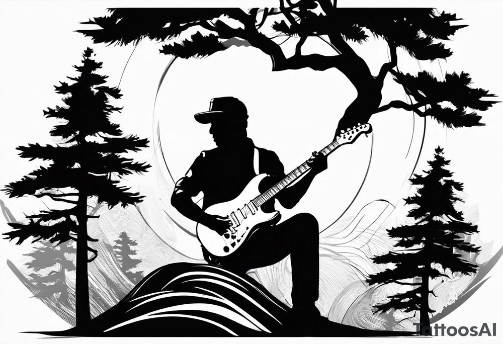 silhouette of a man playing electric guitar while sitting in a pine tree. super simple sketch tattoo idea