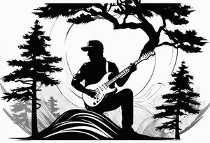 silhouette of a man playing electric guitar while sitting in a pine tree. super simple sketch tattoo idea
