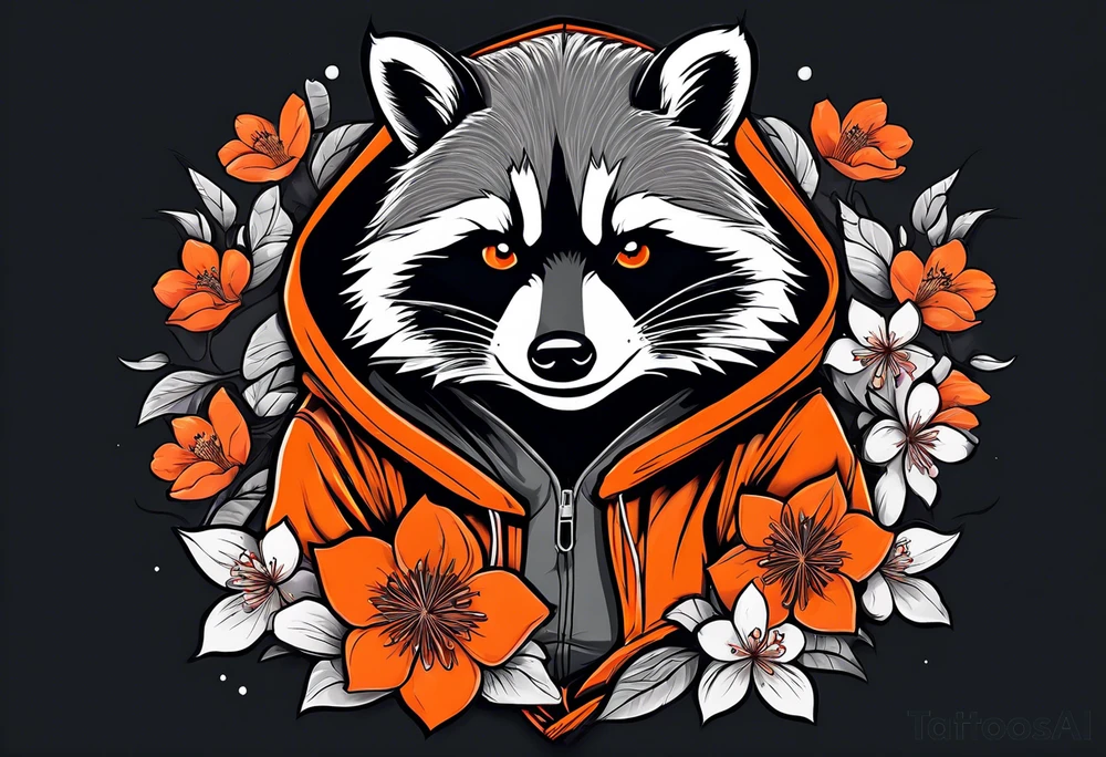 Raccoon wearing a white Superman logo on a black hoodie and orange Japanese cherry blossoms tattoo idea