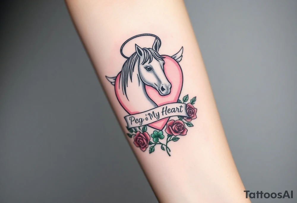 a big pale pink heart and a mare with wings and a halo and a bunch of green shamrocks, and red roses with a banner across the heart that says Peg 'o My Heart tattoo idea