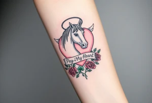 a big pale pink heart and a mare with wings and a halo and a bunch of green shamrocks, and red roses with a banner across the heart that says Peg 'o My Heart tattoo idea
