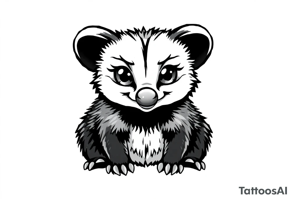 Cute cartoon opossum with anime style eyes, sitting facing forward tattoo idea