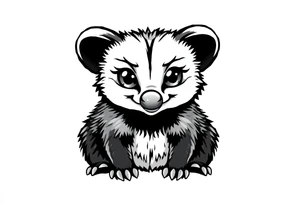 Cute cartoon opossum with anime style eyes, sitting facing forward tattoo idea