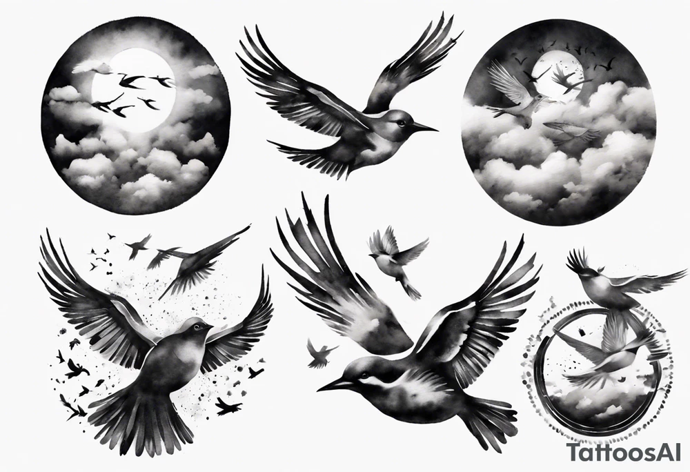 shoulder tattoo with light rays with birds flying free among the clouds, round shape, 3d effect tattoo idea