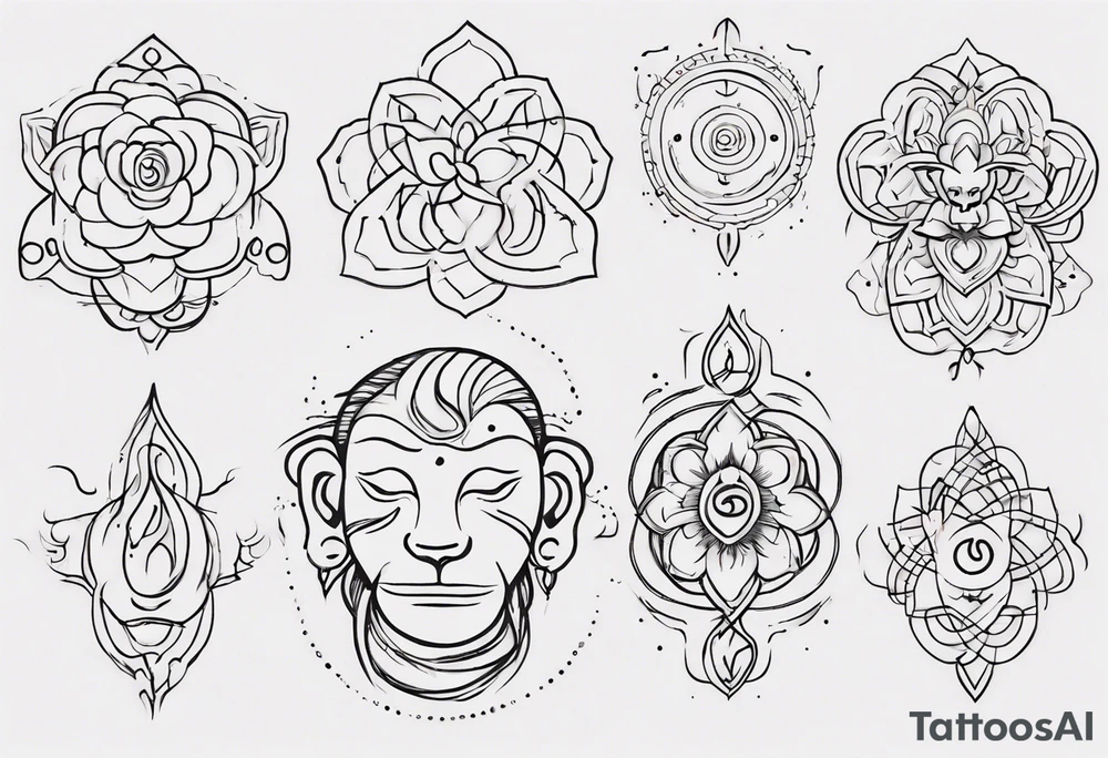Creat a feminine line art tattoo. Single line. Images include monkey icon, pie icon, the Thai symbol for ten, and the breathe yoga symbol. Put icons in a long single line and keep them separate. Connect with dots and dashes. tattoo idea