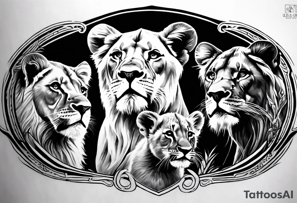 black and white tattoo featuring a lion, lioness, and lion cub. The lion faces upward towards the sky, looking in the opposite direction of the lioness. The lion cub is positioned below them, looking up.   Inspired by the lion king tattoo idea