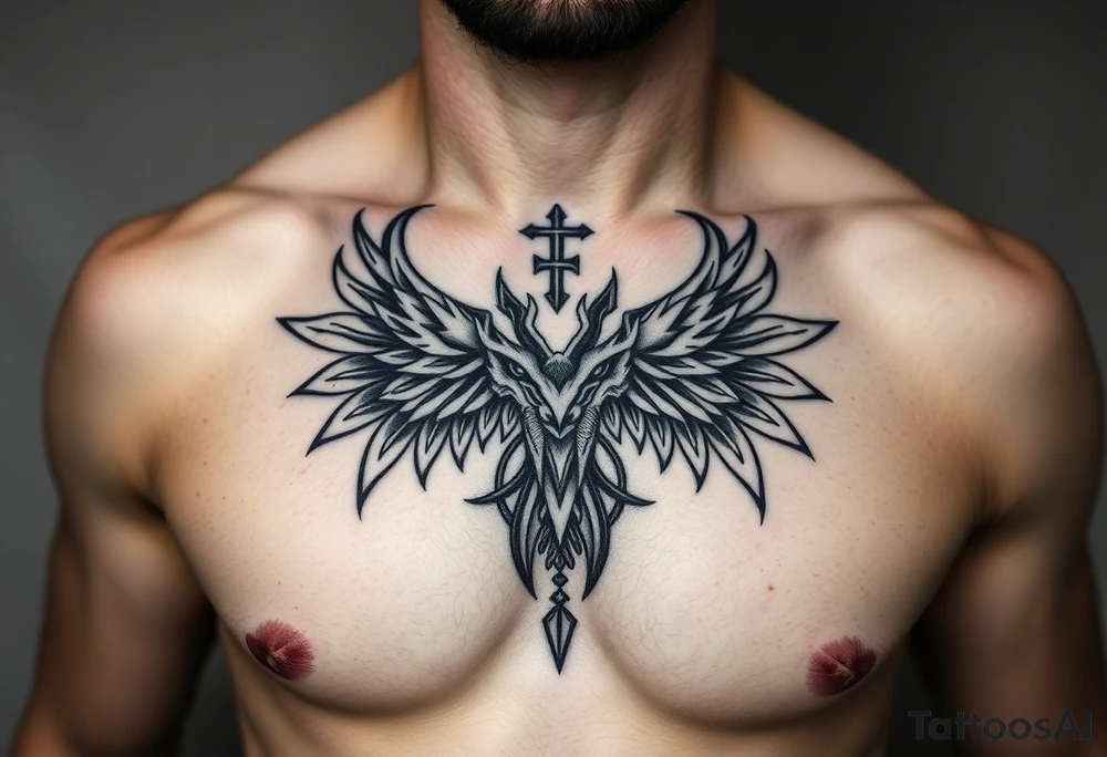 Symetrical upper chest tattoo, dark, animal icelandic symbols, bigest , chest tattoo tattoo idea