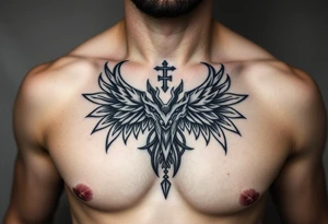 Symetrical upper chest tattoo, dark, animal icelandic symbols, bigest , chest tattoo tattoo idea