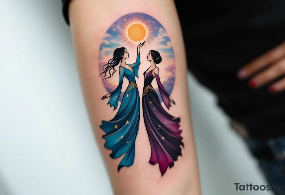 Zorya Sisters – Twin female figures in flowing sky-blue and deep purple dresses, one raising the sun, the other lowering the stars against a twilight backdrop. tattoo idea