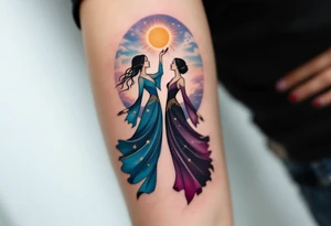 Zorya Sisters – Twin female figures in flowing sky-blue and deep purple dresses, one raising the sun, the other lowering the stars against a twilight backdrop. tattoo idea